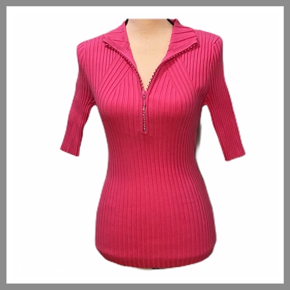 Boston Proper Ribbed Pink Rhinestone Zippered Top - Picture 1 of 8